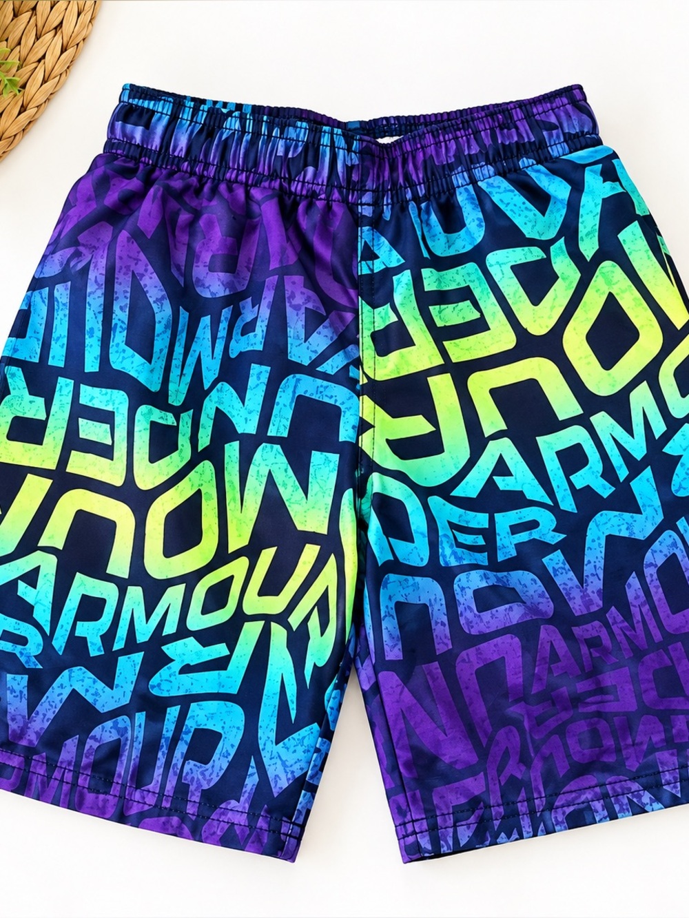 Under Armour Boys Swim Trunks Purple Blue Logo Print Size 6/7